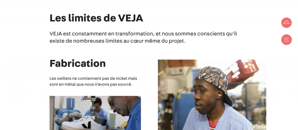 Page web de la marque Veja : les limites de Veja