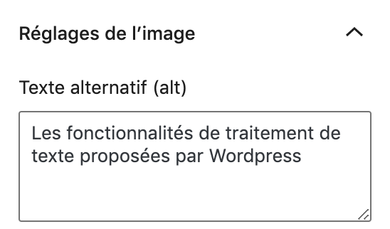 Attribut alt de l'image sur les fonctionnalités de traitement de texte proposées par WordPress 